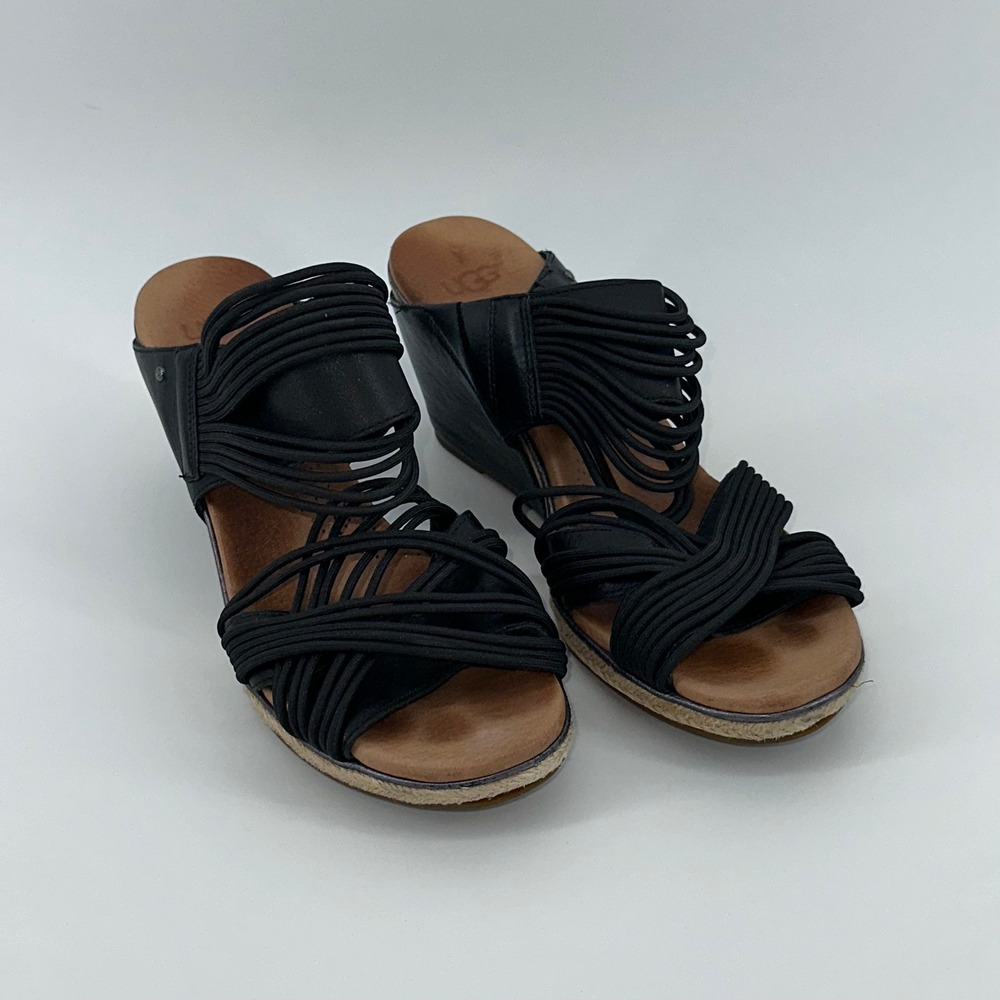UGG Wedge Sandals Black Leather Strappy Studded Heel Casual Shoes 7 Hilarie